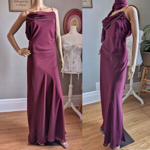 Vintage Y2K Prom Gown Maxi Dress Maroon Cowl Beaded Whimsygoth Plus Size 16